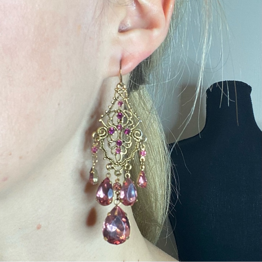 Gold Filigree Chandelier Earrings w/Pink Gems - Picture 3 of 5